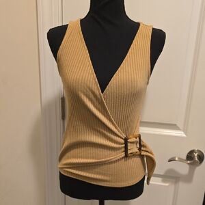 Express Camel Ribbed Wrap Tank Top